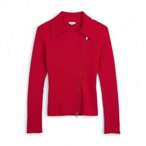 Cache Red Asymmetrical Zip Ribbed Knit Sweater